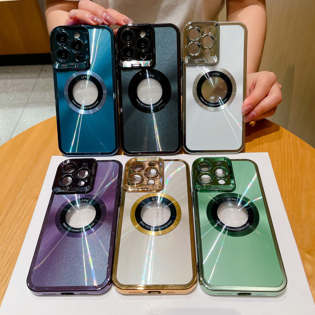 Electroplated Phone Case Luxury Plating CD Pattern Magsafe Bracket Case For 12 13 14 Pro Max Invisible Camera Stand Holder Lens Holder Magnetic Suction by Core Cases