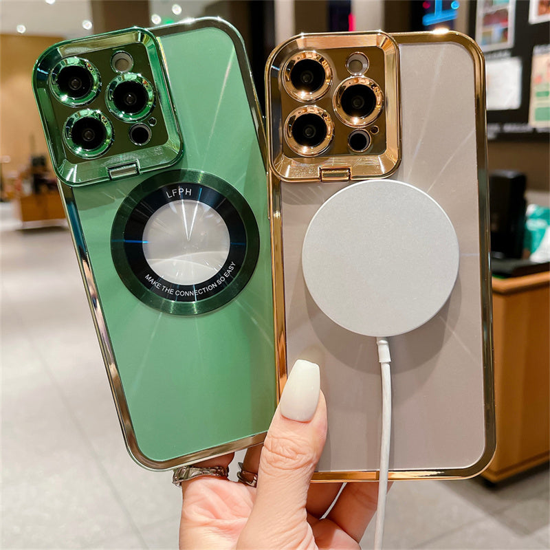 Electroplated Phone Case Luxury Plating CD Pattern Magsafe Bracket Case For 12 13 14 Pro Max Invisible Camera Stand Holder Lens Holder Magnetic Suction by Core Cases