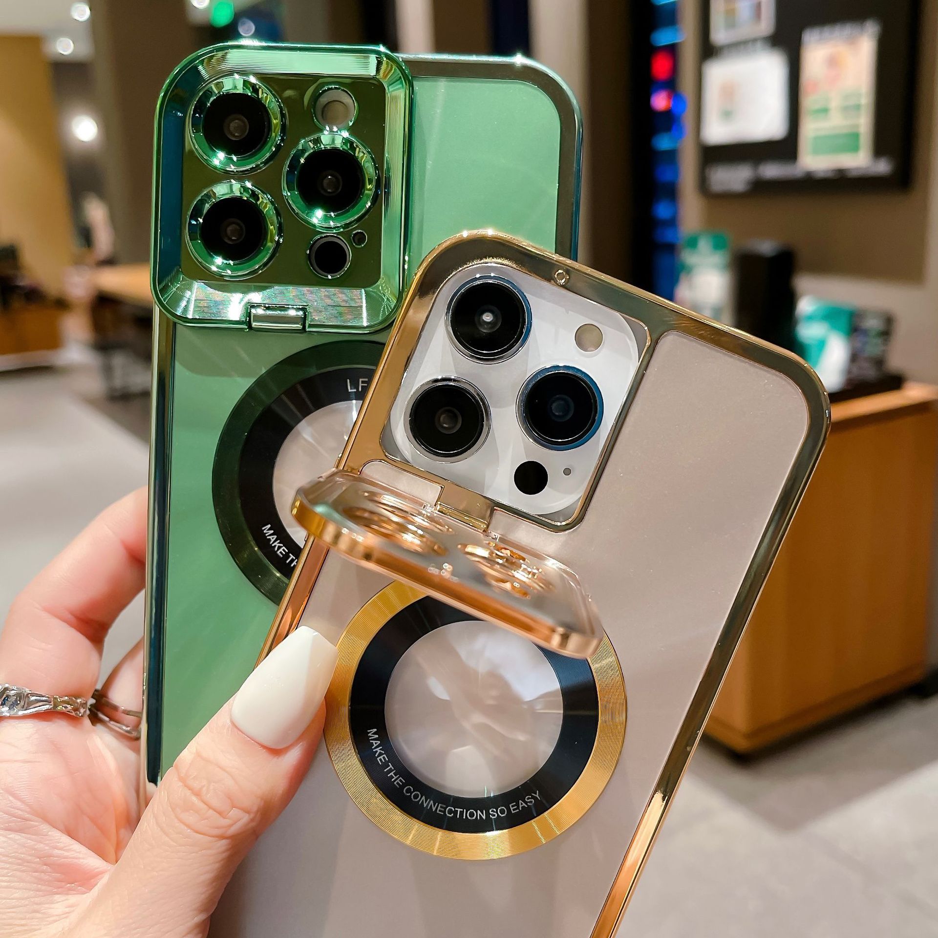 Electroplated Phone Case Luxury Plating CD Pattern Magsafe Bracket Case For 12 13 14 Pro Max Invisible Camera Stand Holder Lens Holder Magnetic Suction by Core Cases